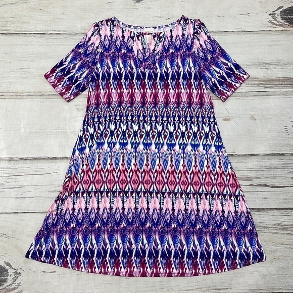 Chico's Dress Purple Pink Ikat Print Short Sleeves Stretchy Size Small 4P - Picture 2 of 12